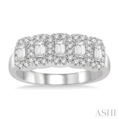 1.00 ctw Emerald Shape 5 Stone Emerald & Round Cut Diamond Halo Wedding Band in 14K White Gold