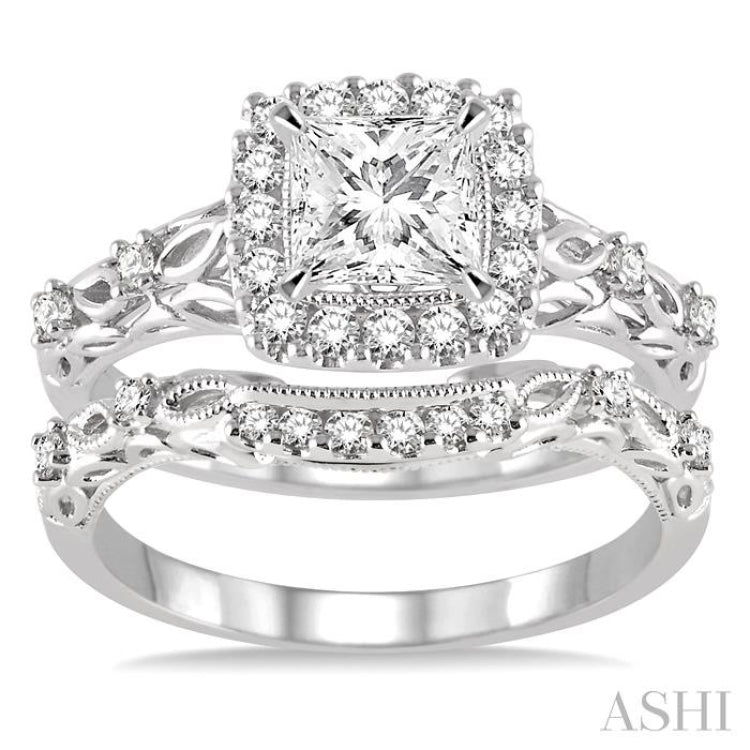 3/4 Ctw Diamond Wedding Set with 3/4 Ctw Princess Cut Engagement Ring and 1/10 Ctw Wedding Band in 14K White Gold