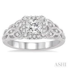 5/8 Ctw Diamond Engagement Ring with 3/8 Ct Princess Cut Center Stone in 14K White Gold