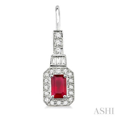 6x4 MM Emerald Shape Ruby and 1/2 Ctw Baguette and Round Cut Diamond Earrings in 14K White Gold