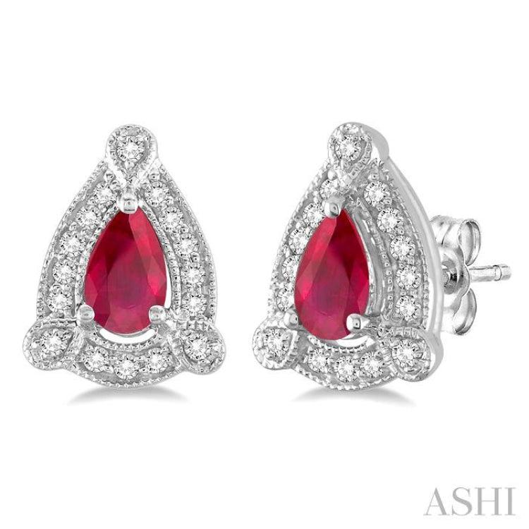 5x3 MM Pear Shape Ruby and 1/6 Ctw Round Cut Diamond Earrings in 14K White Gold