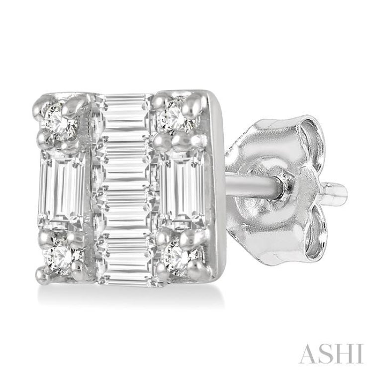 1/6 Ctw Square Shape Baguette and Round Cut Diamond Petite Fashion Earrings in 10K White Gold.