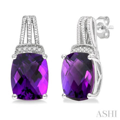 1/50 Ctw Looped Round Cut Diamond & 9x7 MM Cushion Shape Amethyst Semi Precious Earring in Sterling Silver