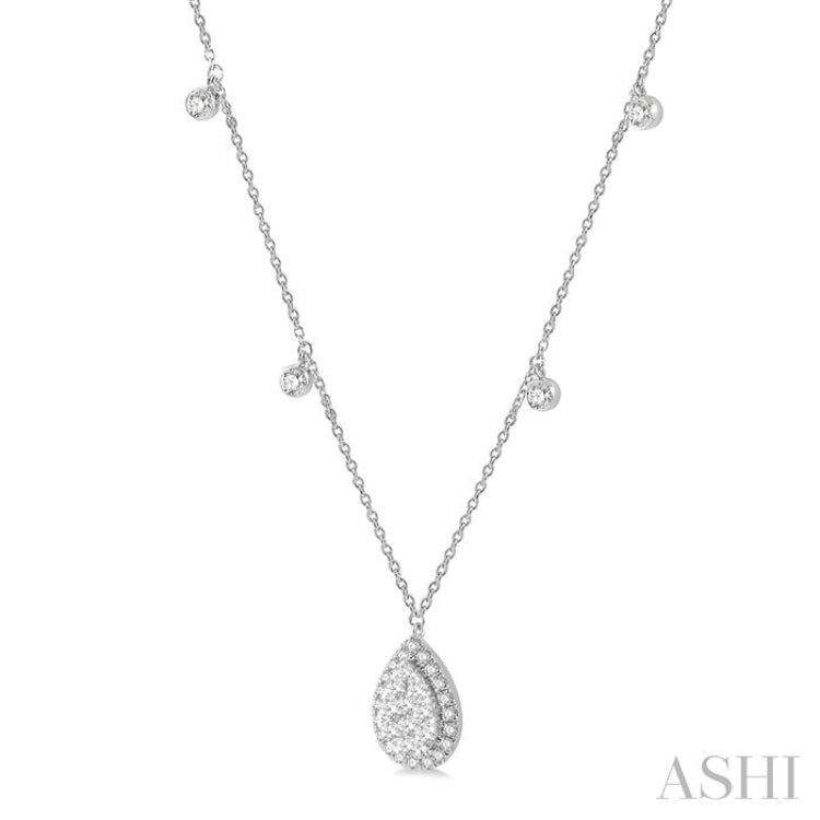 3/4 ctw Pear Shape Lovebright Round Cut Diamond Necklace in 14K White Gold