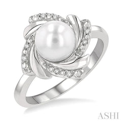 7x7 MM Round Shape Cultured Pearl and 1/50 Ctw Swirl Round Cut Diamond Ring in Sterling Silver