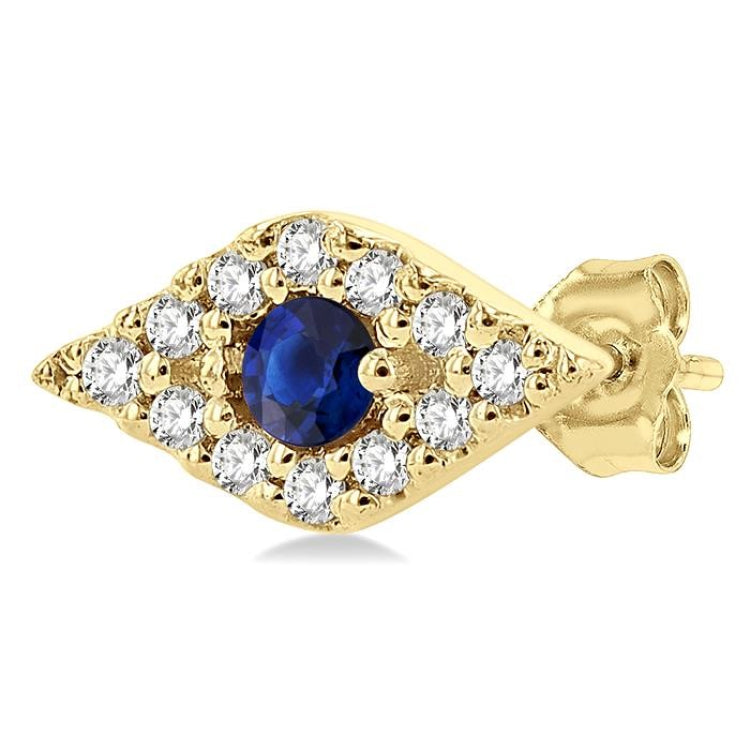 1/10 Ctw Evil Eye Round Cut Diamond & 2.0 MM Round Cut Sapphire Precious Petite Fashion Earring in 10K Yellow Gold