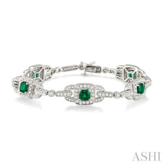 5x5mm Cushion Cut Emerald and 2 Ctw Round Cut Diamond Precious Bracelet in 14K White Gold