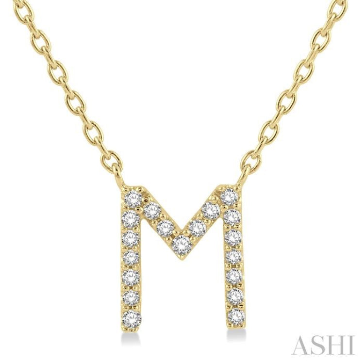 1/20 Ctw Initial 'M' Round Cut Diamond Pendant With Chain in 14K Yellow Gold