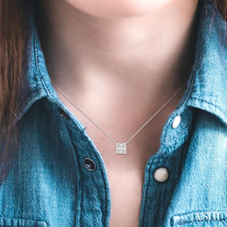 1/8 Ctw Square Shape Baguette and Round Cut Diamond Petite Fashion Pendant With Chain in 14K White Gold