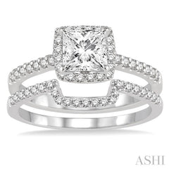 1 1/10 ctw Diamond Wedding Set with 7/8 Ctw Princess Cut Engagement Ring and 1/5 Ctw Wedding Band in 14K White Gold