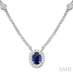 6X4MM Oval Cut Sapphire and 1/6 Ctw Round Cut Diamond Precious Necklace in 14K White Gold