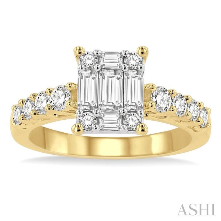 1.00 ctw Fusion Baguette and Round Cut Diamond Engagement Ring in 14K Yellow and White gold