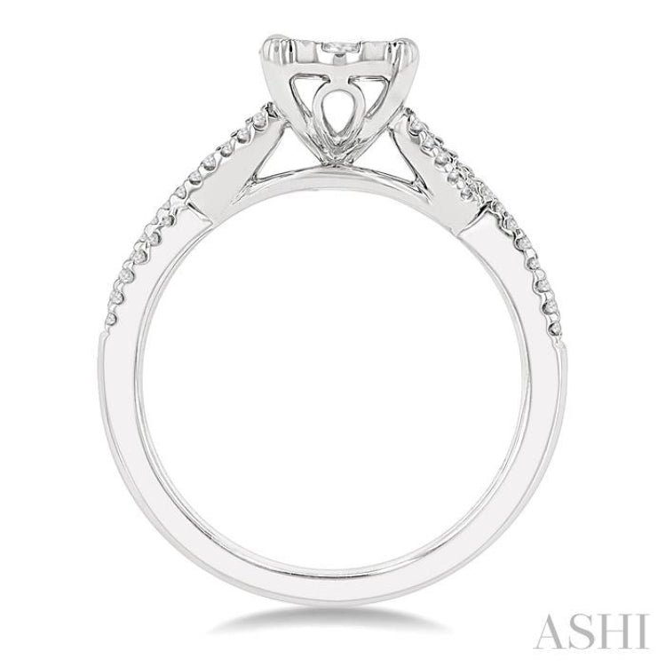 5/8 ctw Oval Shape Center Split Crisscross Shank Lovebright Round Cut Diamond Engagement Ring in 14K White Gold