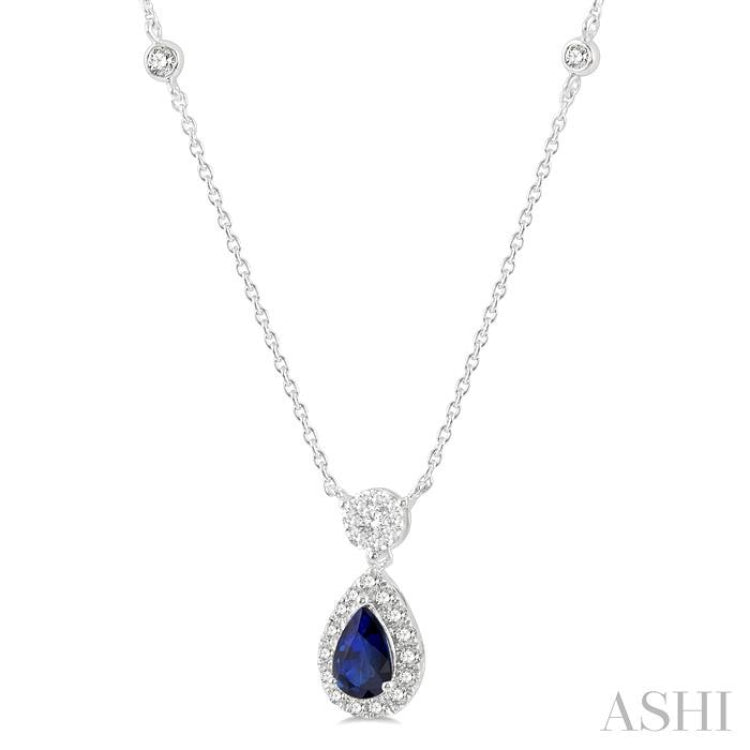 1/3 ctw Pear Cut 6X4MM Sapphire and Round Cut Diamond Lovebright Precious Necklace in 14K White Gold