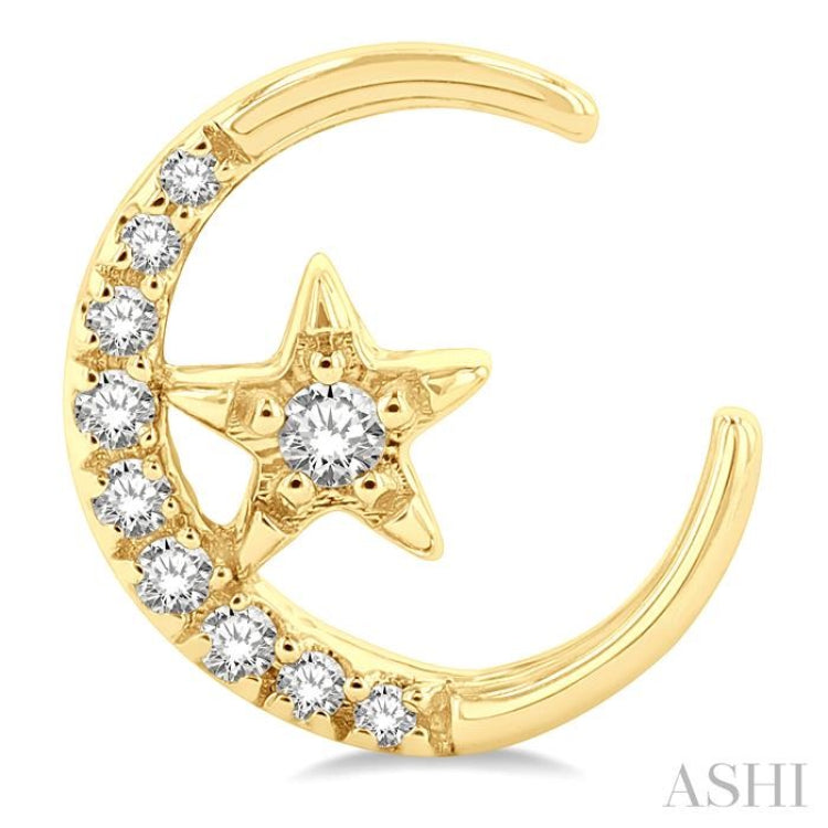 1/10 ctw Crescent Moon and Star Round Cut Petite Diamond Fashion Stud Earring in 10K Yellow Gold