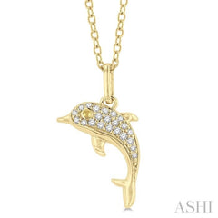 1/10 Ctw Petite Nautical Dolphin Round Cut Diamond Fashion Pendant With Chain in 10K Yellow Gold