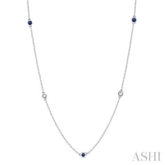 3/8 ctw Round Cut Diamond and 2.6MM Sapphire Precious Station Necklace in 14K White Gold