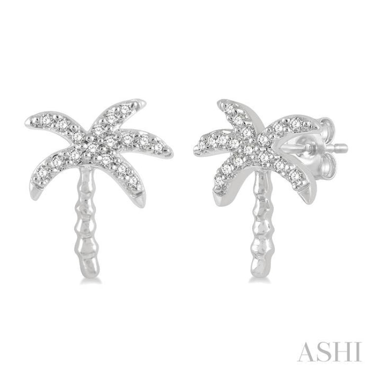 1/10 ctw Palm Tree Round Cut Diamond Petite Fashion Earring in 14K White Gold