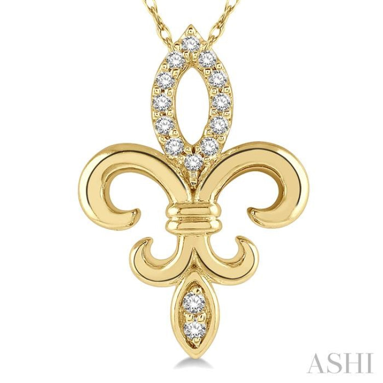 1/10 Ctw Fleur De Lis Round Cut Diamond Pendant With Chain in 10K Yellow Gold