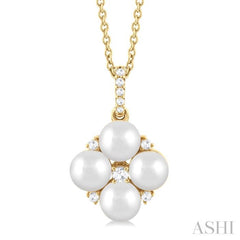 5x5 MM Round Shape Floral Cultured Pearls and 1/10 Ctw Round Cut Diamond Fashion Pendant With Chain in 10K Yellow Gold