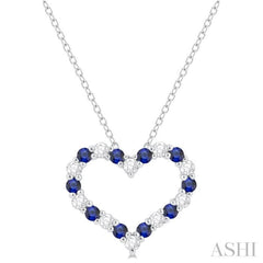 1.80 MM Round Cut Sapphire and 1/4 ctw Open Heart Round Cut Diamond Precious Fashion Pendant With Chain in 14K White Gold