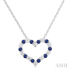 1.4 MM Round Cut Sapphire and 1/8 ctw Open Heart Round Cut Diamond Precious Fashion Pendant With Chain in 14K White Gold