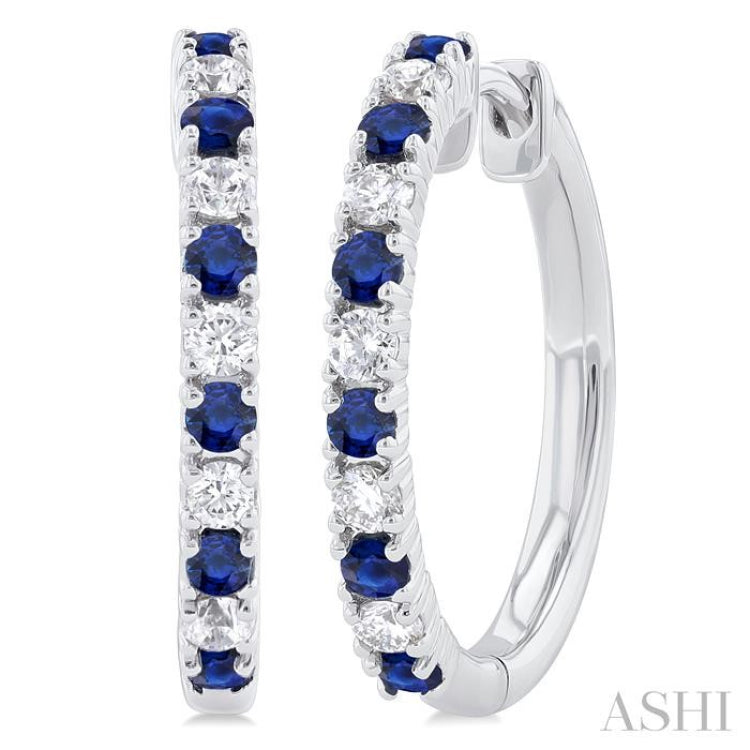 1.80 MM Round Shape Sapphire and 1/4 Ctw Round Cut Diamond Precious Hoop Earrings in 10K White Gold