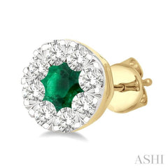 1/2 ctw Lovebright 3.3MM Emerald and Round Cut Diamond Precious Stud Earring in 14K Yellow & White Gold