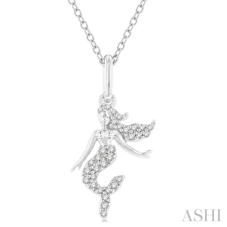 1/8 ctw Petite Sealife Mermaid Round Cut Diamond Fashion Pendant With Chain in 10K White Gold