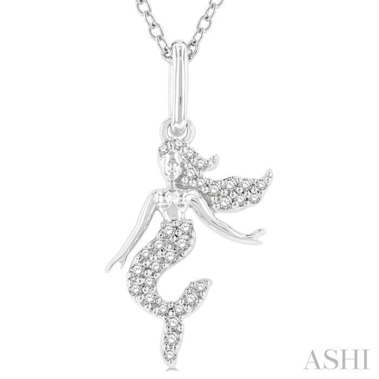 1/8 ctw Petite Sealife Mermaid Round Cut Diamond Fashion Pendant With Chain in 10K White Gold