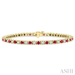 1 1/2 ctw Square Box Link 2.5MM Ruby and Round Cut Diamond Precious Tennis Bracelet in 14K Yellow Gold