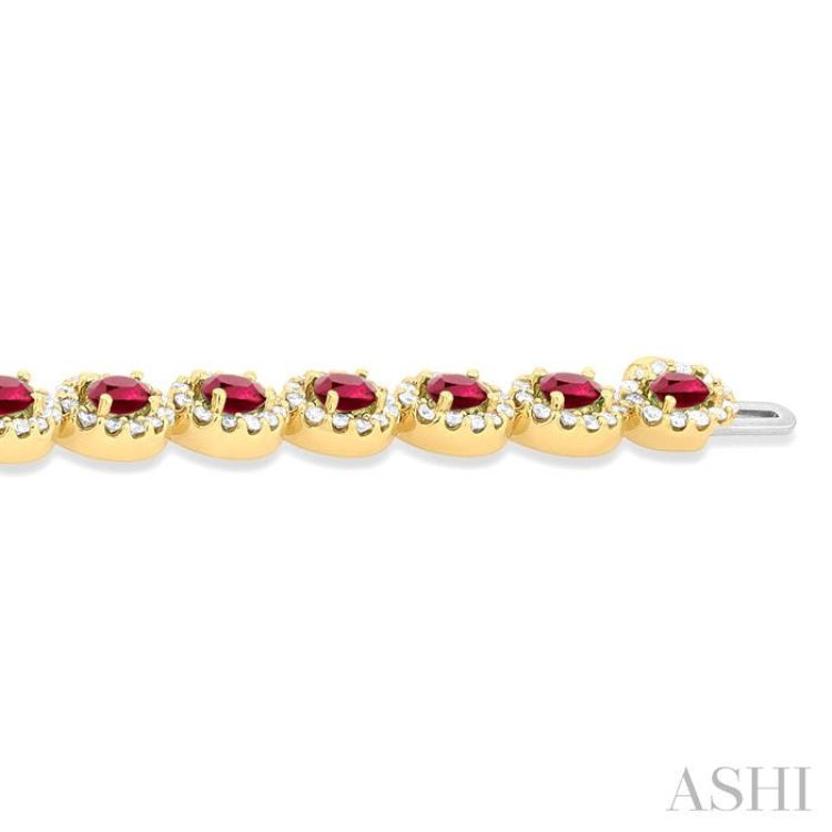 2 1/6 ctw Oval Cut 4X3 MM Ruby and Round Cut Diamond Halo Precious Bracelet in 14K Yellow Gold