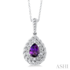 1/20 ctw Pear Cut 7X5 MM Amethyst and Round Cut Diamond Semi Precious Pendant With Chain in Sterling Silver