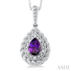 1/20 ctw Pear Cut 7X5 MM Amethyst and Round Cut Diamond Semi Precious Pendant With Chain in Sterling Silver