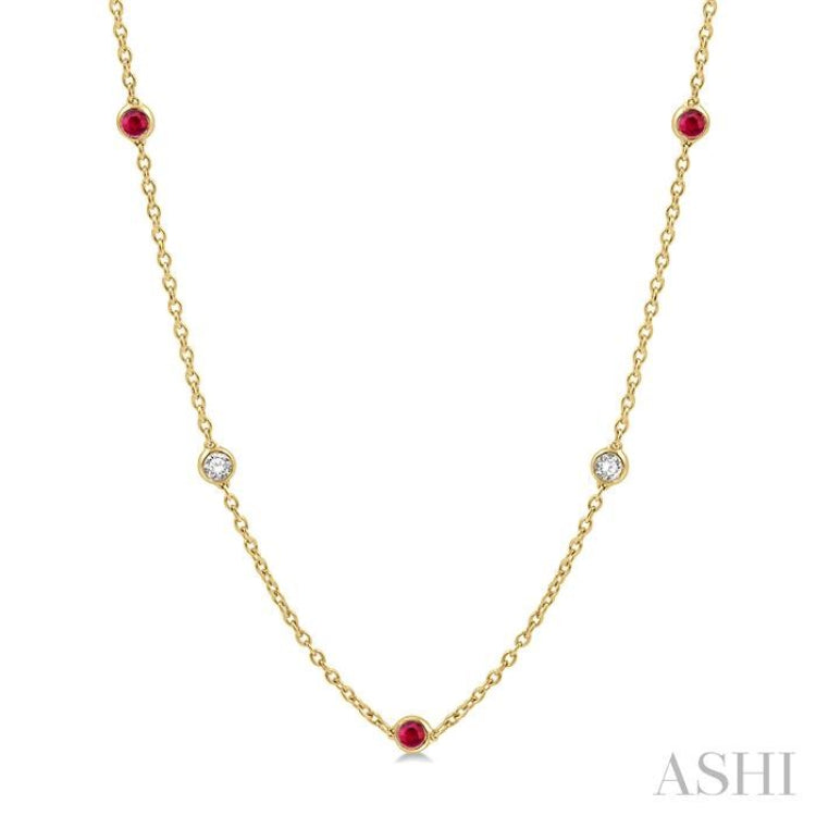 1/2 ctw Round Cut Diamond and 2.85MM Ruby Precious Station Necklace in 14K Yellow Gold