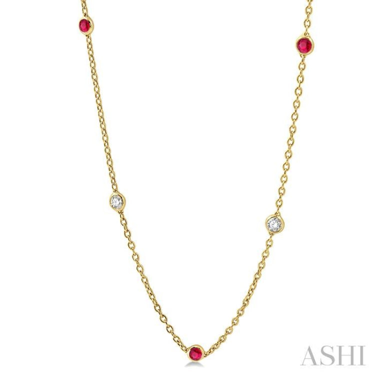 1/2 ctw Round Cut Diamond and 2.85MM Ruby Precious Station Necklace in 14K Yellow Gold