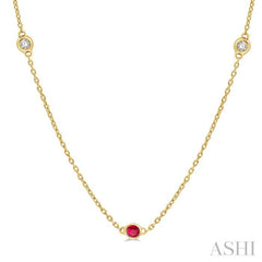 1/4 ctw Round Cut Diamond and 2.25MM Ruby Precious Station Necklace in 14K Yellow Gold