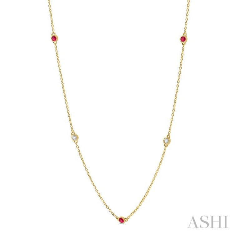 3/8 ctw Round Cut Diamond and 2.6MM Ruby Precious Station Necklace in 14K Yellow Gold