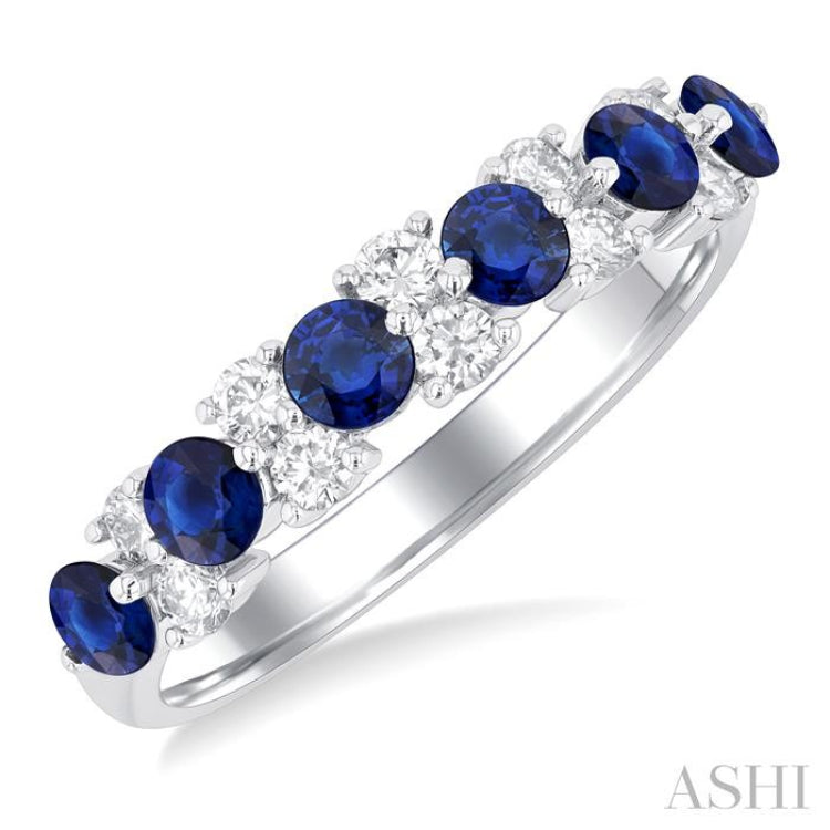 1/3 ctw Round Cut 3MM Sapphire and Diamond Precious Band in 14K White Gold