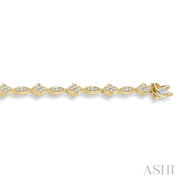 1 1/10 ctw Single Cut Diamond Marquise and Floral Link Bracelet in 10K Yellow Gold