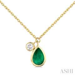 1/20 ctw Pear Cut 6X4MM Emerald and Bezel Set Round Cut Diamond Precious Necklace in 14K Yellow Gold