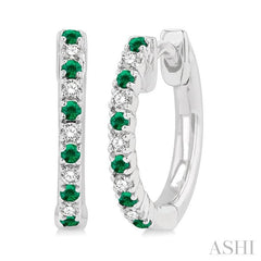 1/10 ctw Petite 1.35 MM Emerald and Round Cut Diamond Precious Fashion Huggies in 10K White Gold