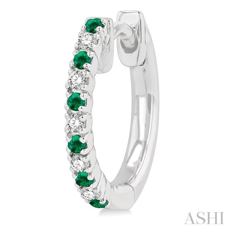 1/10 ctw Petite 1.35 MM Emerald and Round Cut Diamond Precious Fashion Huggies in 10K White Gold