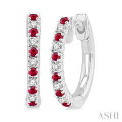 1/10 ctw Petite 1.35 MM Ruby and Round Cut Diamond Precious Fashion Huggies in 10K White Gold