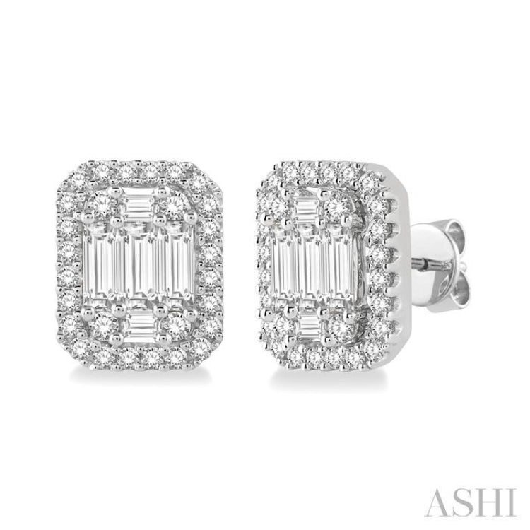 3/8 Ctw Octagonal Baguette & Round Cut Diamond Stud Earrings in 14K White Gold