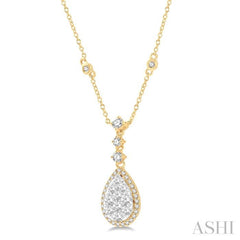 1 Ctw Pear Shape Round Cut Diamond Lovebright Necklace in 14K Yellow and White Gold