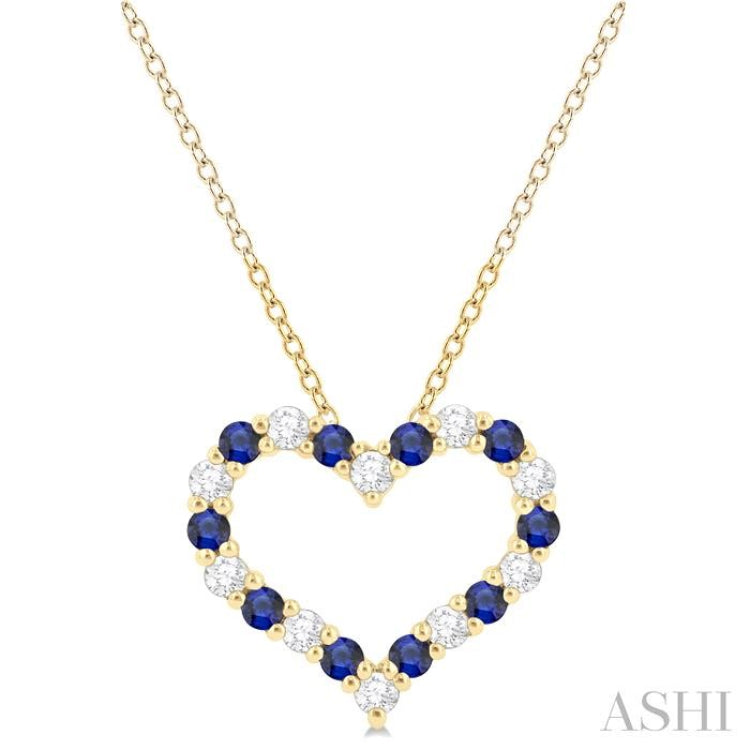 1.80 MM Round Cut Sapphire and 1/4 ctw Open Heart Round Cut Diamond Precious Fashion Pendant With Chain in 14K Yellow Gold