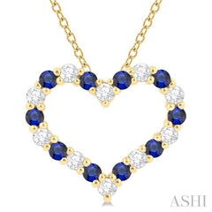 1.80 MM Round Cut Sapphire and 1/4 ctw Open Heart Round Cut Diamond Precious Fashion Pendant With Chain in 14K Yellow Gold