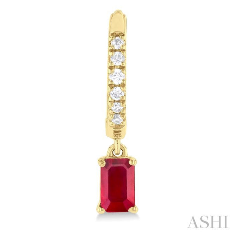 1/8 ctw Petite 5x3 MM Ruby Drop and Round Cut Diamond Precious Fashion Huggies in 10K Yellow Gold