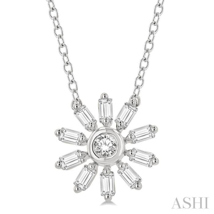 1/6 Ctw Petite Wheel Baguette and Round Cut Diamond Fashion Pendant With Chain in 10K White Gold